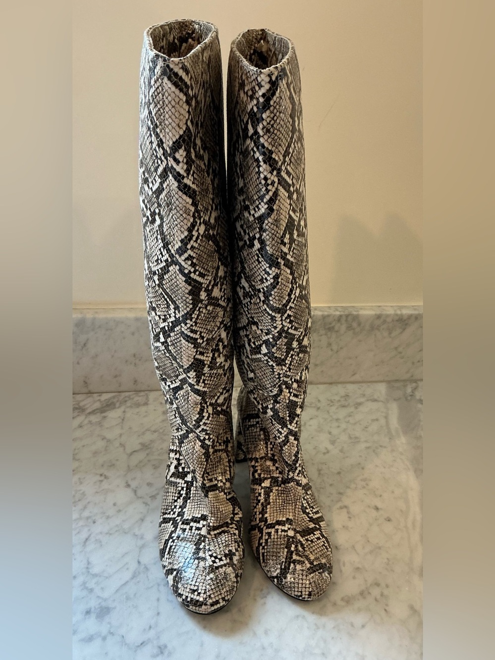 Zara - Black and White Snake-Print Knee Boots